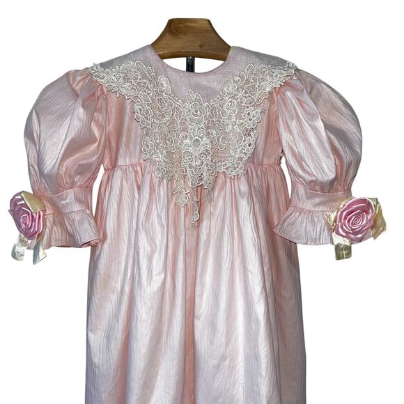 *SOLD SOLD SOLD* Vintage 80s Toddler Dress Pink Satin Lace Girl Party Dress 3T - Picture 4 of 16